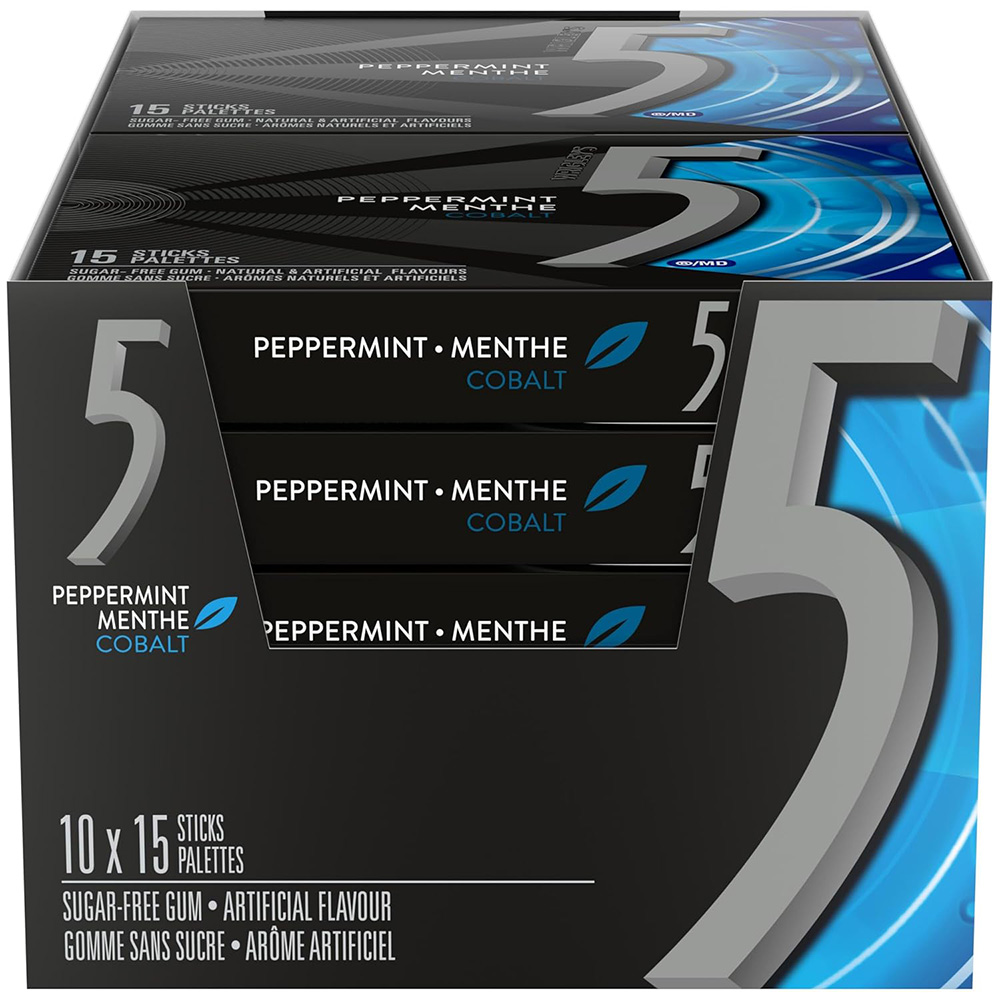 5 Gum Peppermint Cobalt Sugar Free Chewing Gum, 15 Sticks, 10 Pack