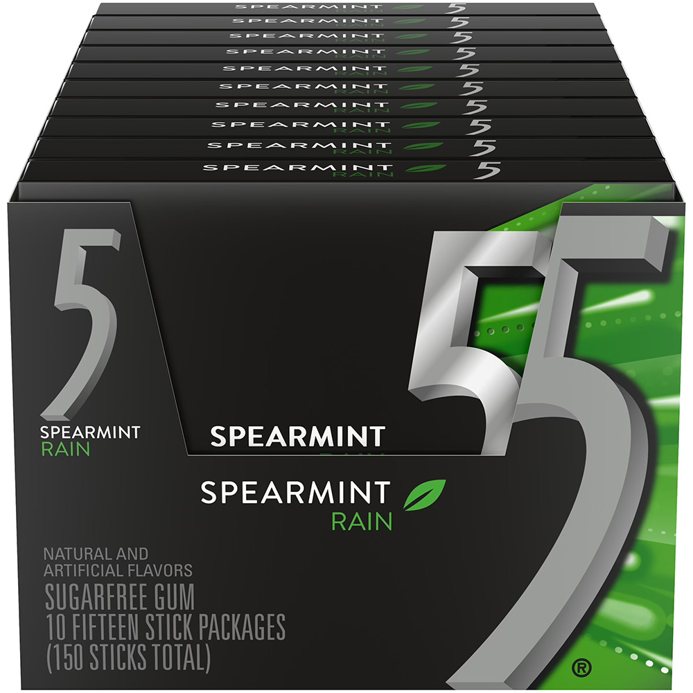 5 Gum Rain Spearmint Sugar Free Chewing Gum, 15 Sticks, 10 Pack