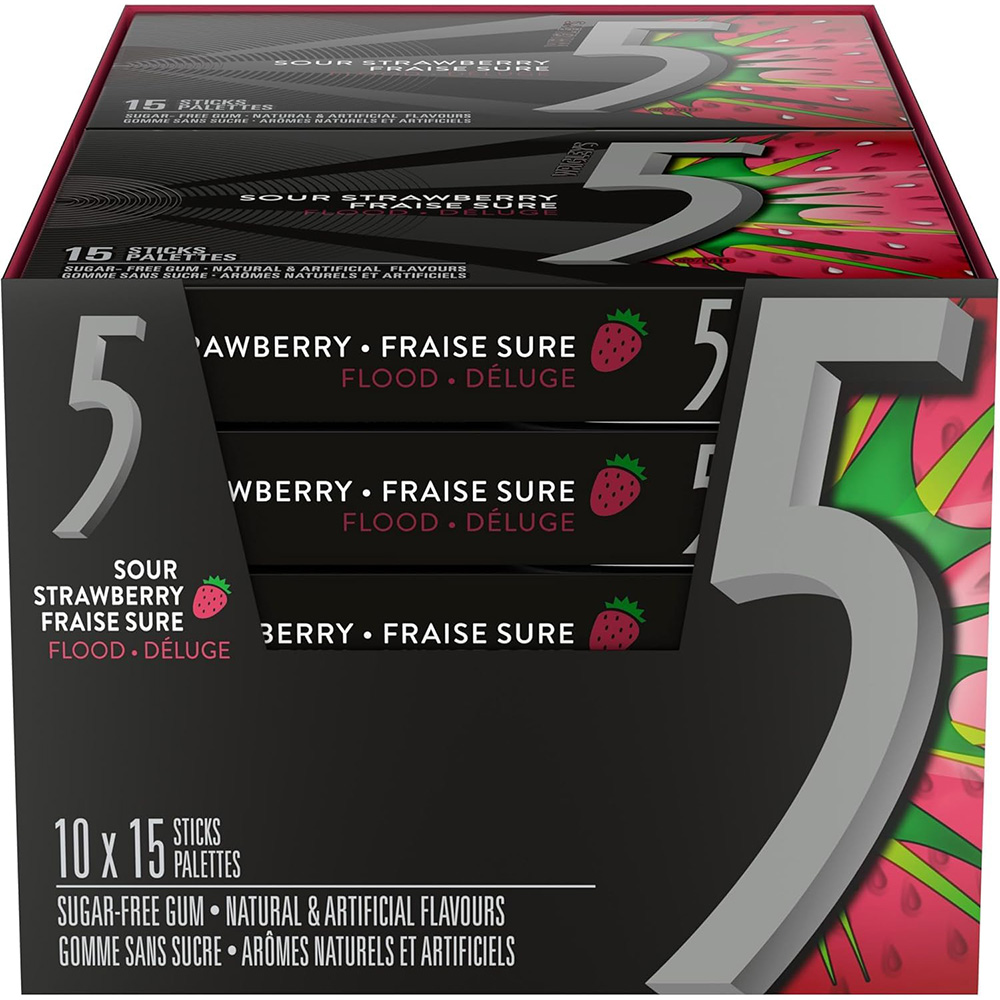 5 Gum Flood Sour Strawberry Sugar Free Chewing Gum, 15 Sticks, 10 Pack