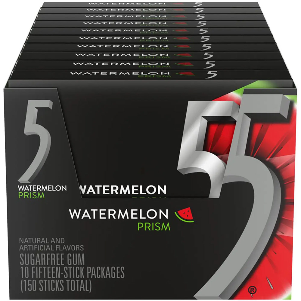 5 Gum Prism Watermelon Sugar Free Chewing Gum, 15 Sticks, 10 Pack