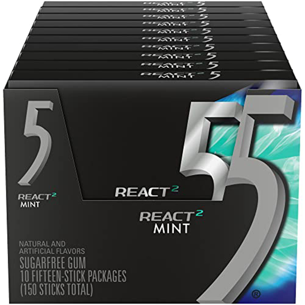5 Gum React Mint Sugar Free Chewing Gum, 15 Sticks, 10 Pack
