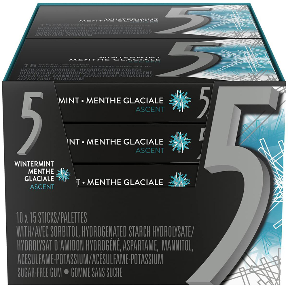 5 Gum Wintermint Ascent Sugar Free Chewing Gum, 15 Sticks, 10 Pack