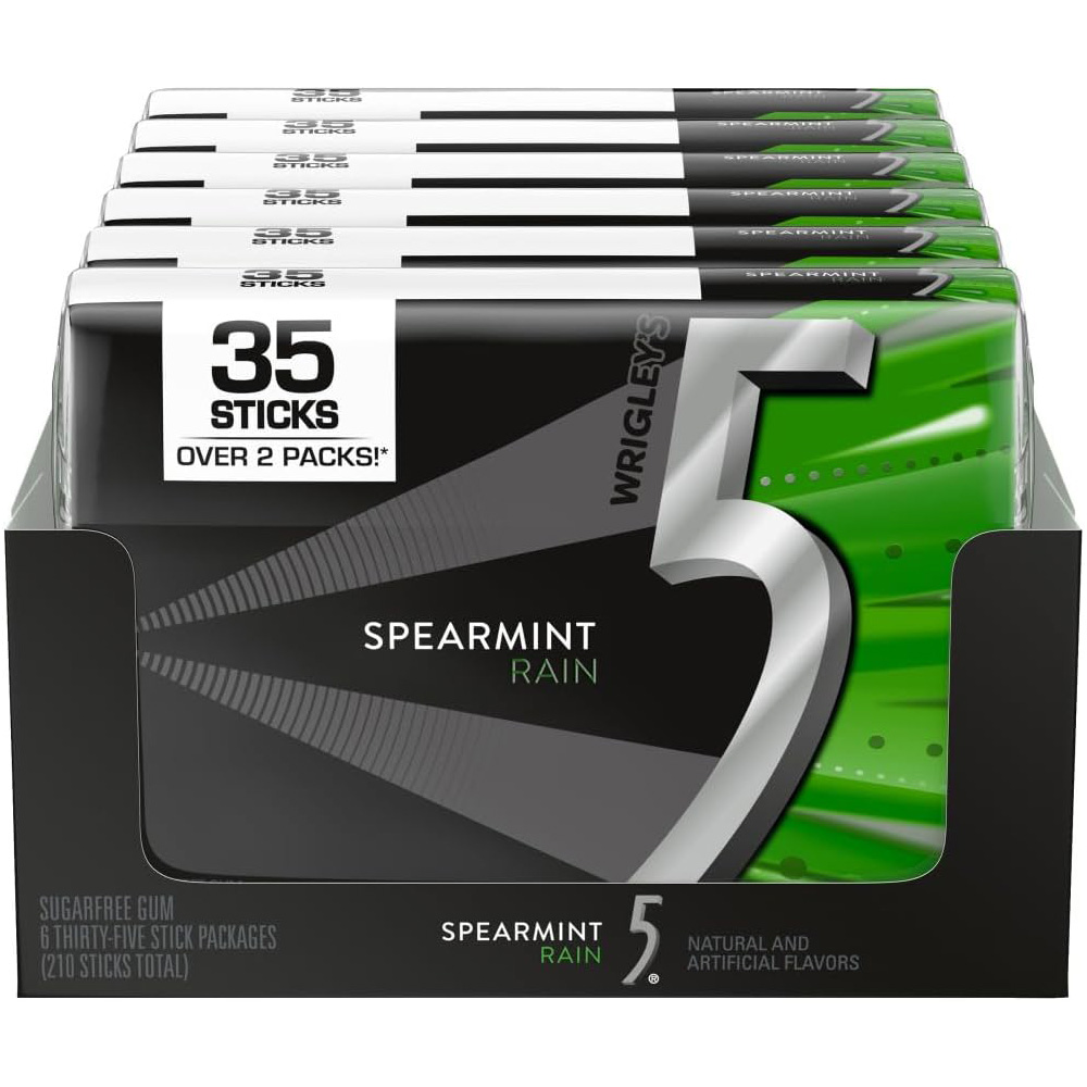 5 Gum Rain Spearmint Sugar Free Chewing Gum, 35 Sticks, 6 Pack