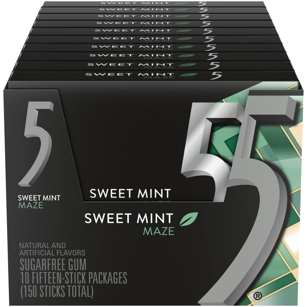 5 Gum Sweet Mint Maze Sugar Free Chewing Gum, 15 Sticks, 10 Pack
