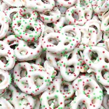 Candy Retailer Yogurt Covered Christmas Pretzels with Red & Green Nonpareils 1 Lb